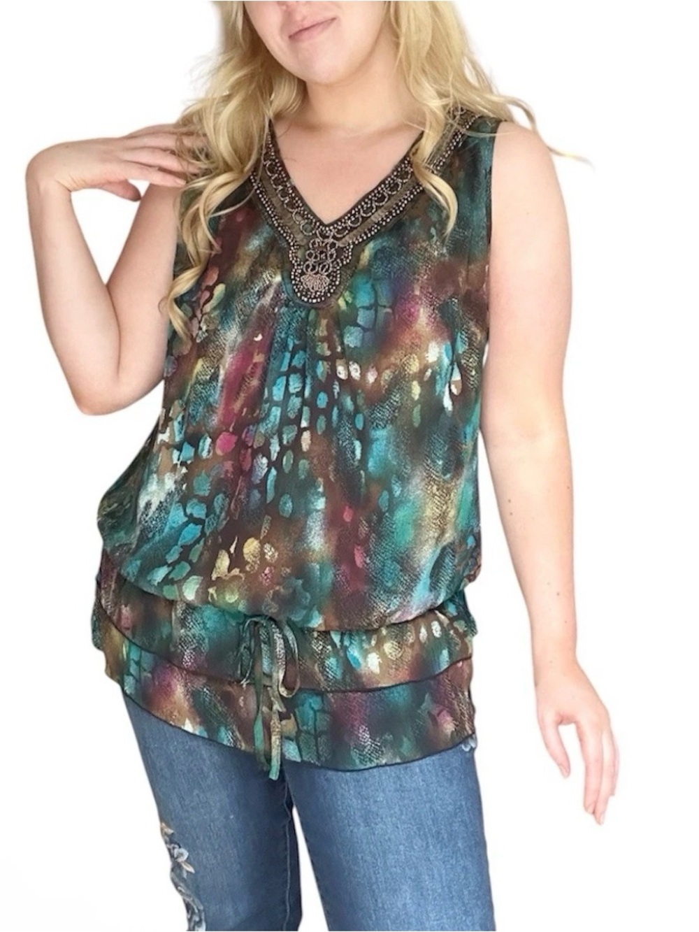 New Directions Women’s L Brown Beaded Detail Sleeveless Ruched Blouse Boho 90s